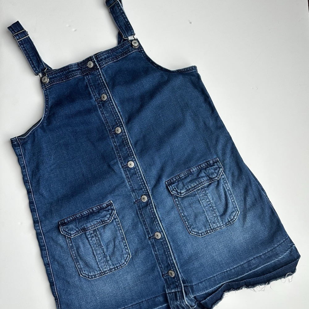 American Eagle Denim Pinafore Dress Women's L Blue Button Front Mini Stretch